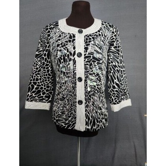 Chicos‎ Black & White Abstract Floral Print Jacket Button Cotton Cardigan Sz 0 S - Picture 1 of 10